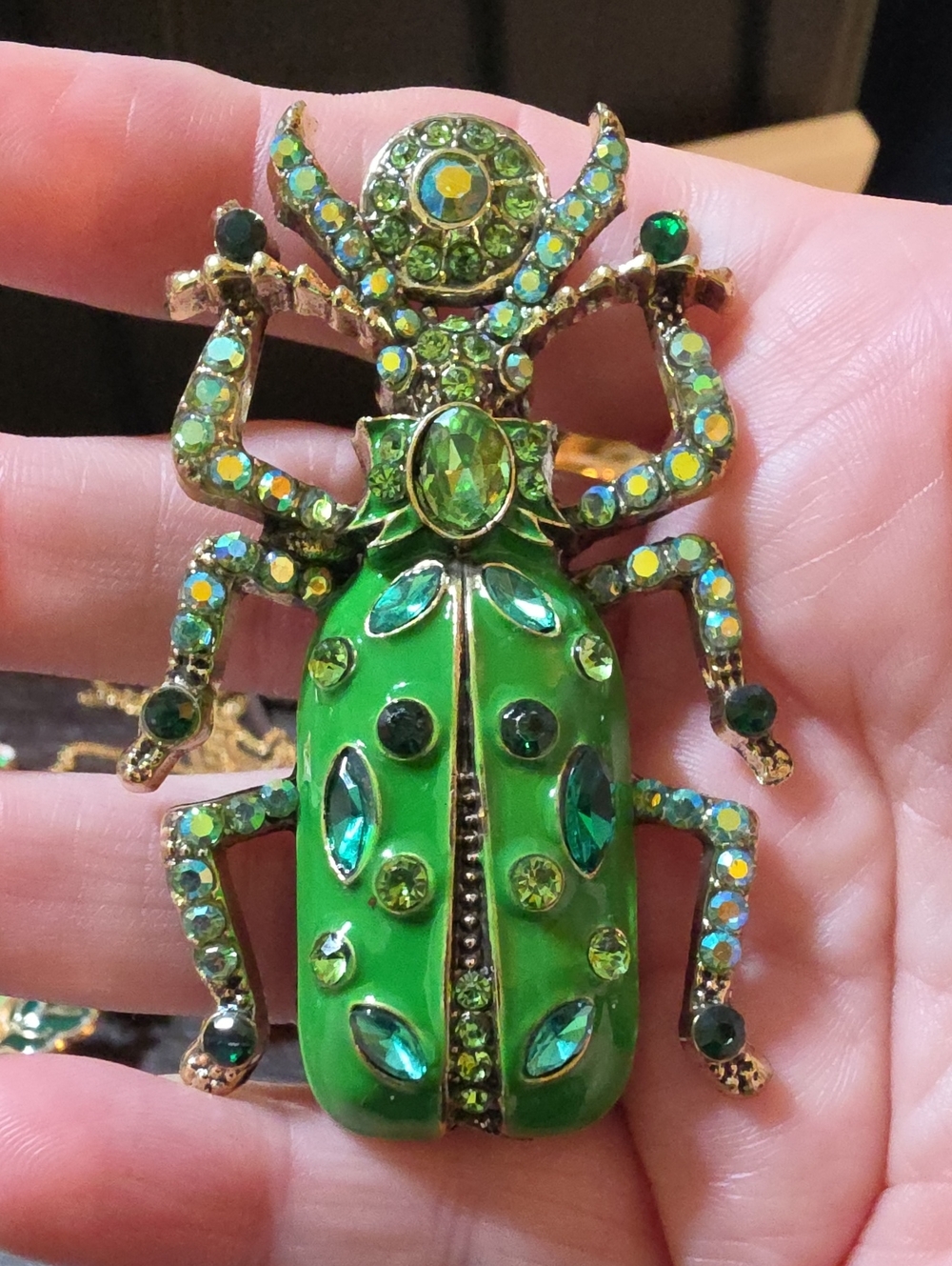 A188- Gorgeous Green Crystal Beetle Brooch